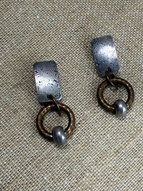 Two-Tone Textured Hoop Drop Earrings - Silver & Gold